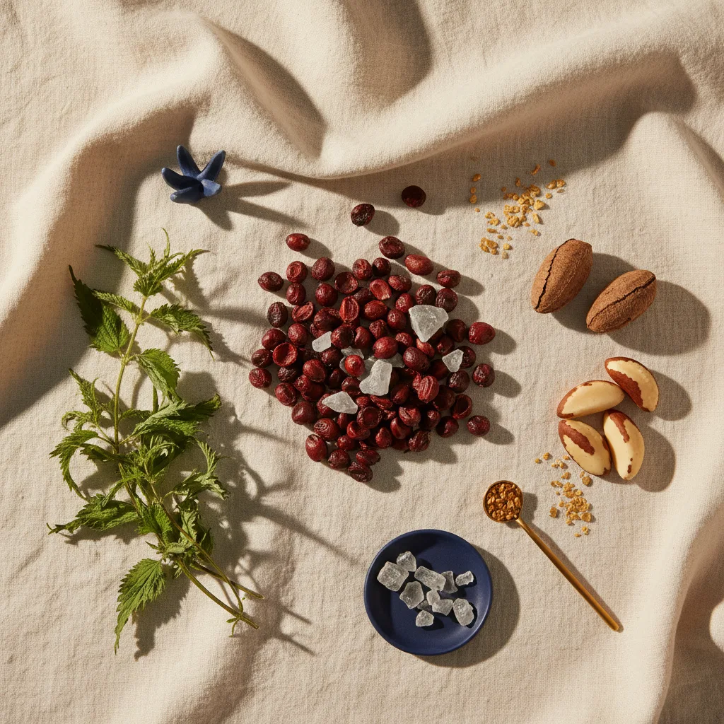 Zaagpalm bessen, brandnetel bladeren, zink mineralen en paranoten als ingrediënten van Alpha Drive supplement